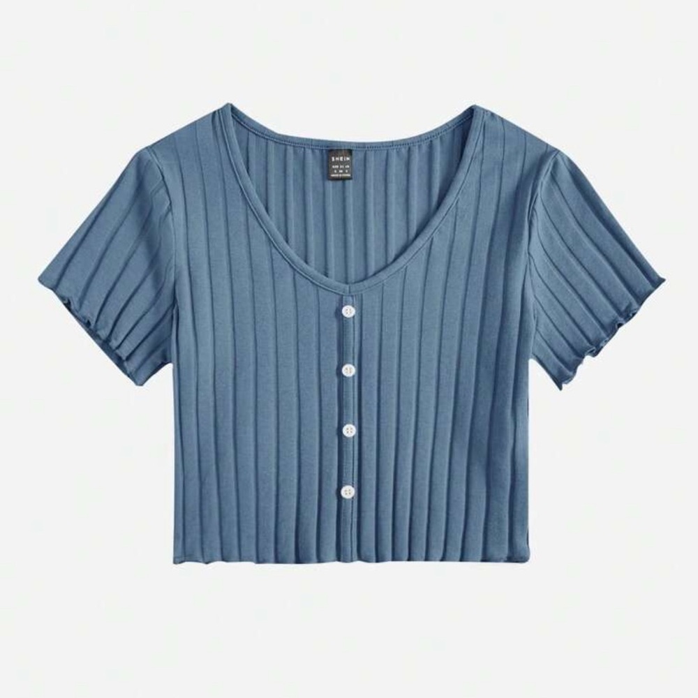 Blue Ribbed Button-Up Women's Top